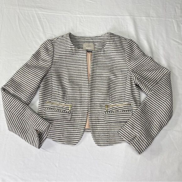Womens Black & Light Cream Tweed Striped Crop Boxy Fit Blazer Suit Jacket Size 8 - Picture 1 of 15